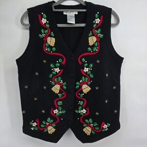 Victoria‎ Jones Black Christmas Vest Bells Holly Ribbons Embroidered Womens M